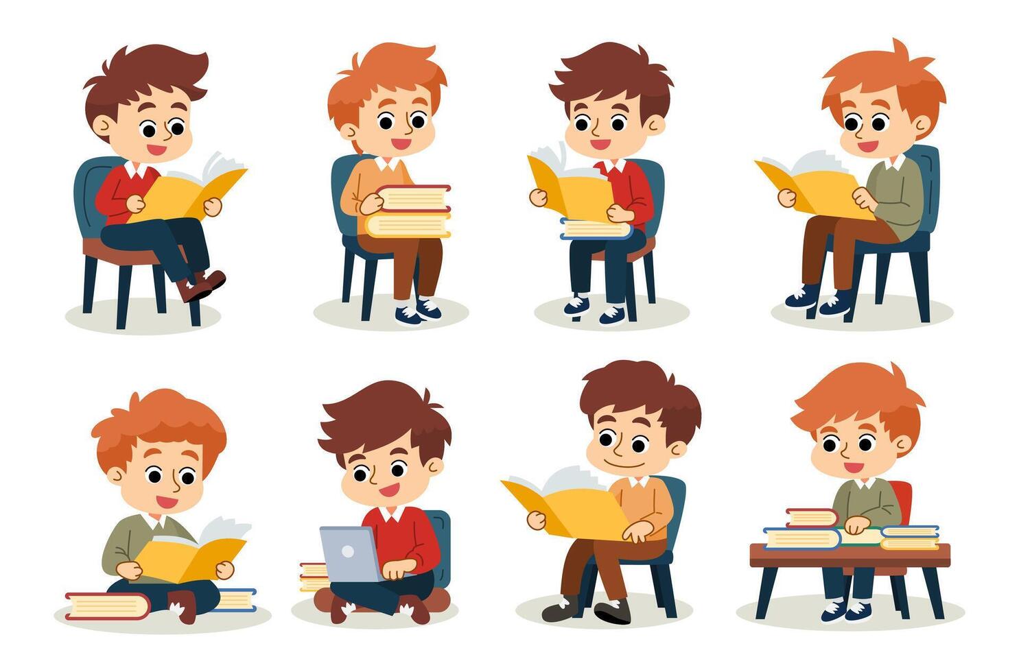 el linda chico es relajante y disfrutando leyendo libros y utilizando el ordenador portátil computadora. plano estilo dibujos animados ilustración. vector