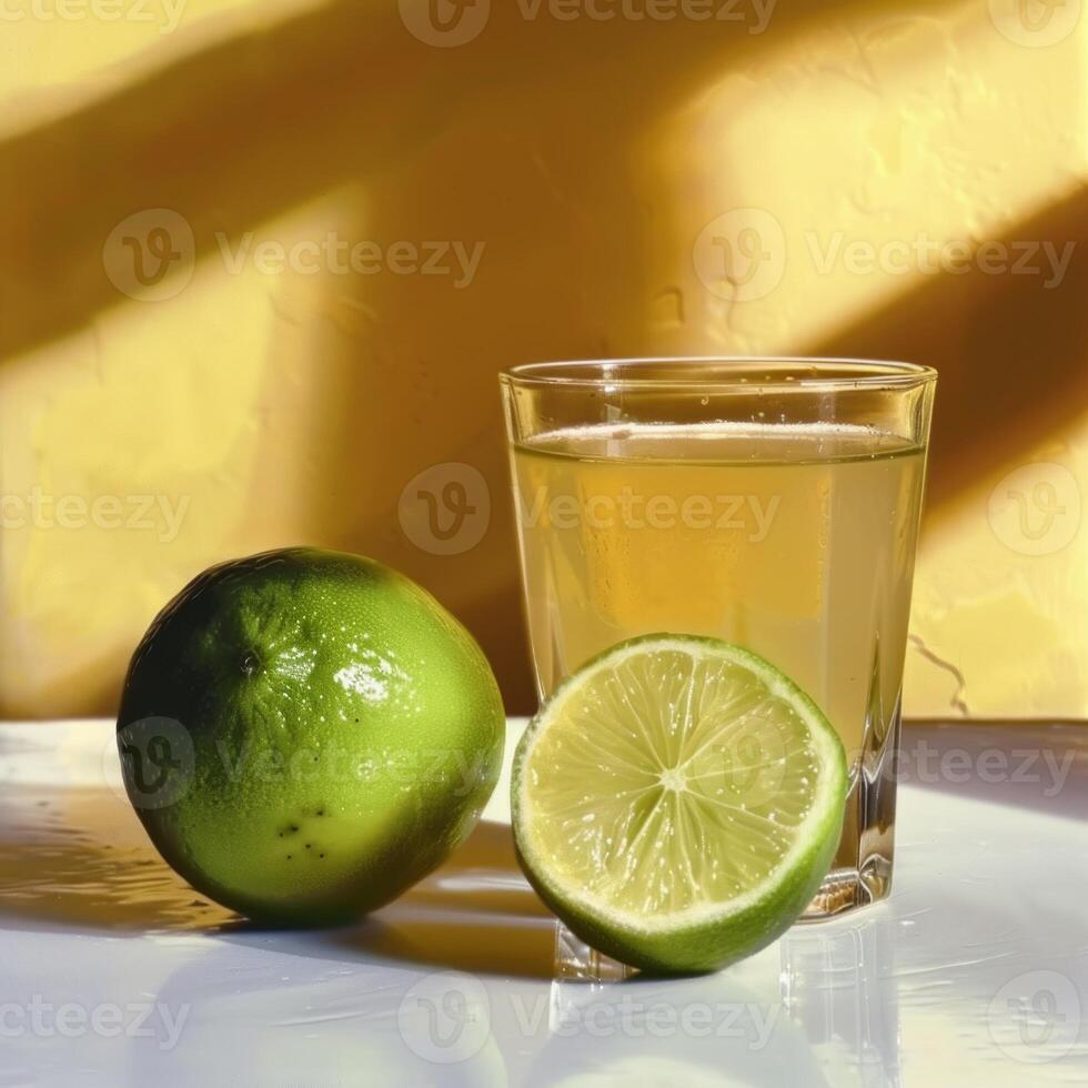AI generated A lime next to a glass of lime juice, colorful mexican food photo