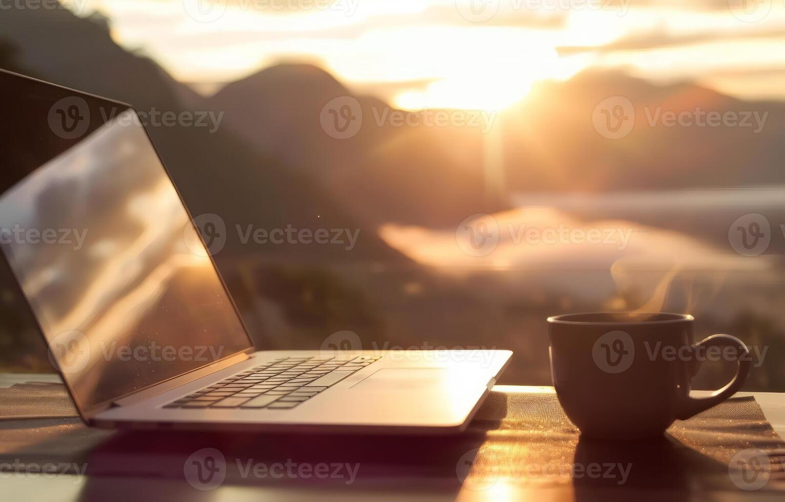 AI generated A laptop and a cup of tea on a table indicating a work or study environment, labour day background photo