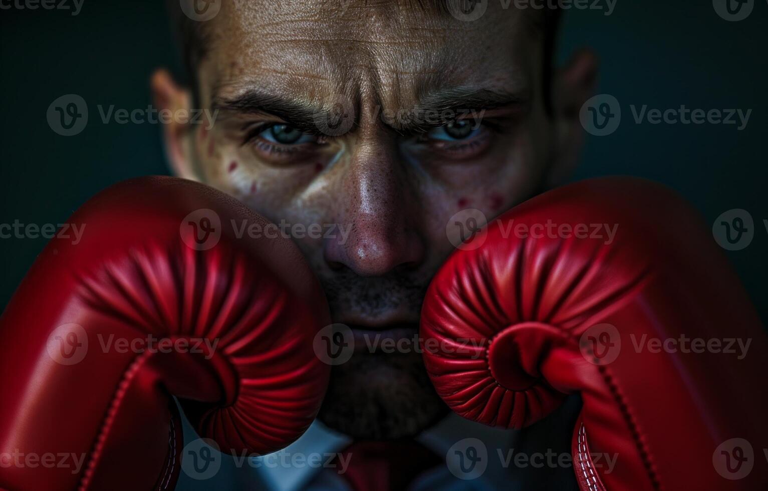 AI generated Businessman face with red boxing gloves, labour day banner photo