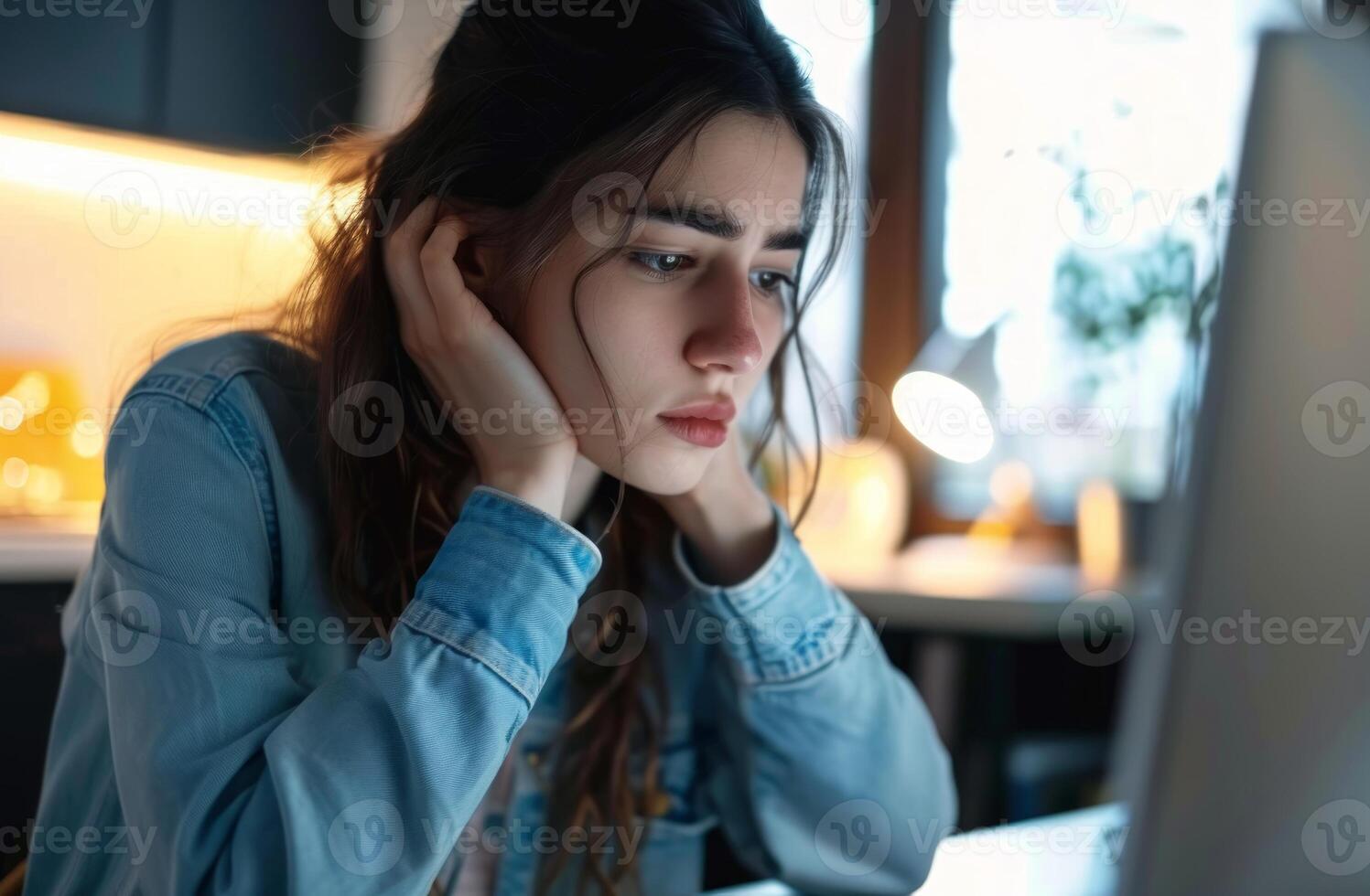 AI generated A young woman is sitting at the computer with her eyes, labour day banner photo