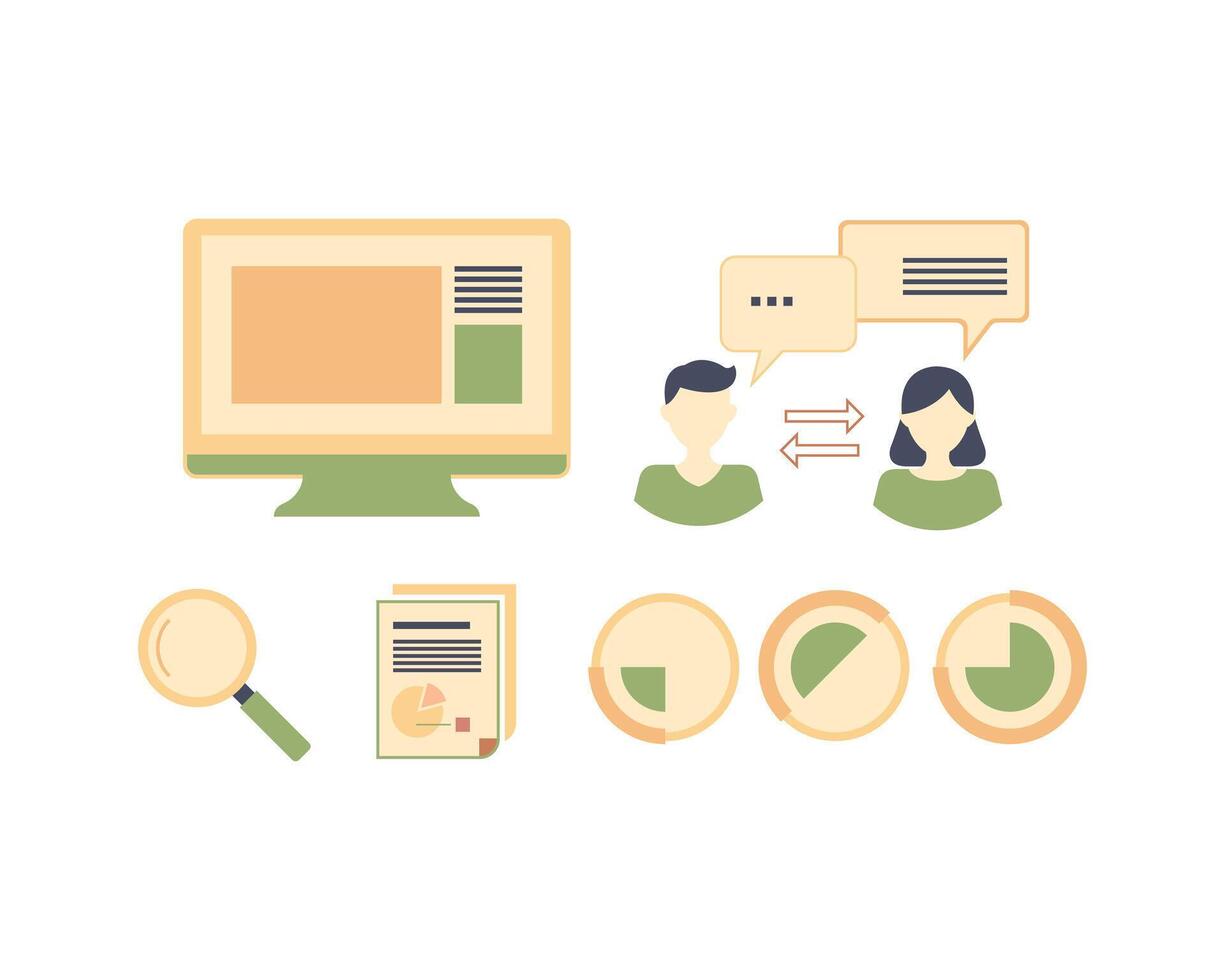 Teamwork concept in business. Two people communicate, magnifier glass, pie chart, report vector illustration
