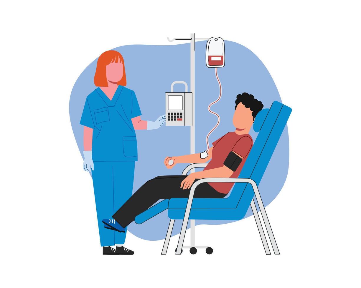 a patient get a blood transfused with some help from a nurse. Health care and medicine illustration vector design.