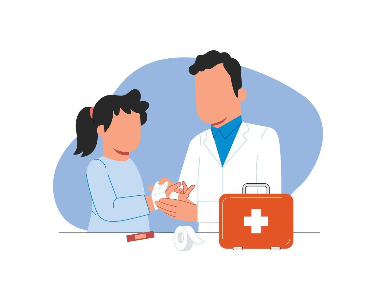Vector illustration of a doctor and a little girl with a first aid kit
