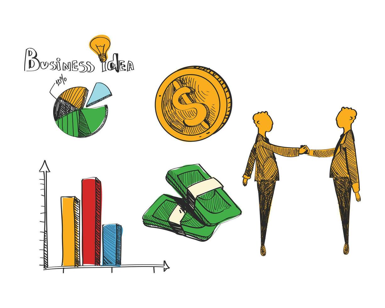 Freehand drawn sketch of business people shaking hands for successful deal. Business idea sketch include money, penny and graph Vector illustration.