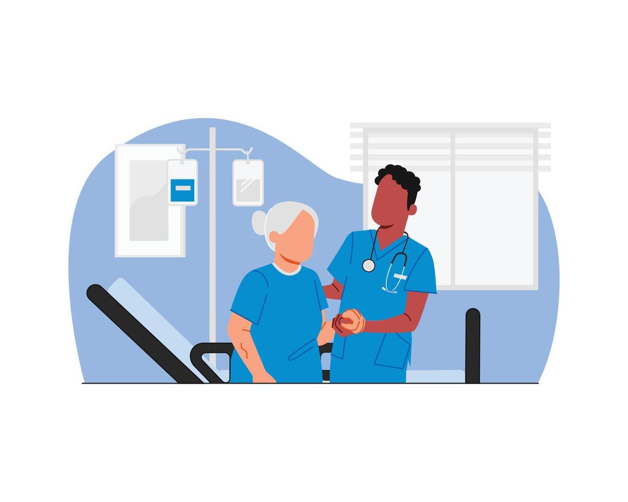 un masculino médico Ayudar un mujer mayor paciente en hospital corredor plano estilo personaje vector ilustración diseño