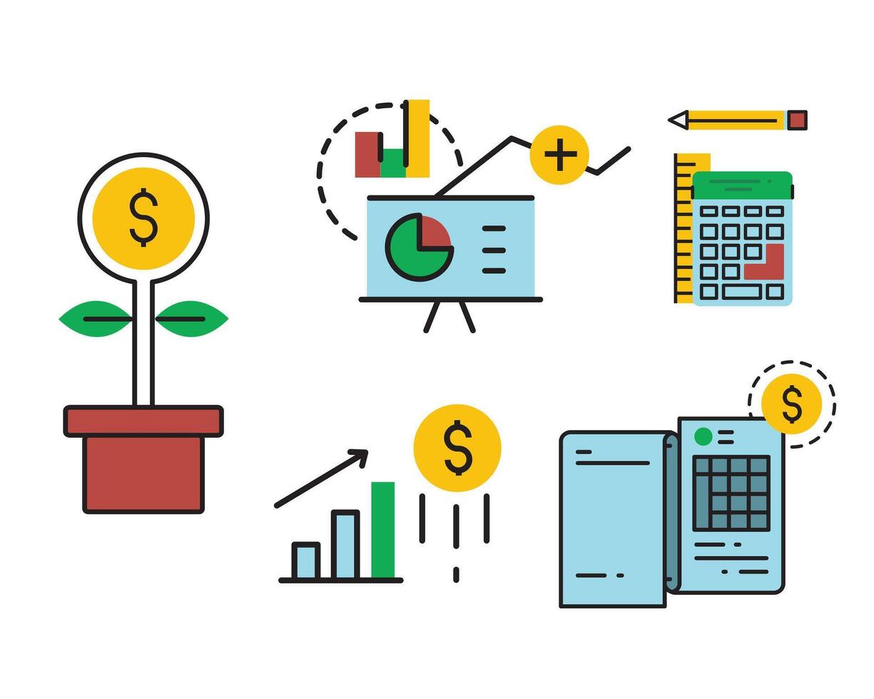 Set of business icons in flat style. Growing sales and revenue for business vector illustration. Presentation, calculator, us dollar money growth