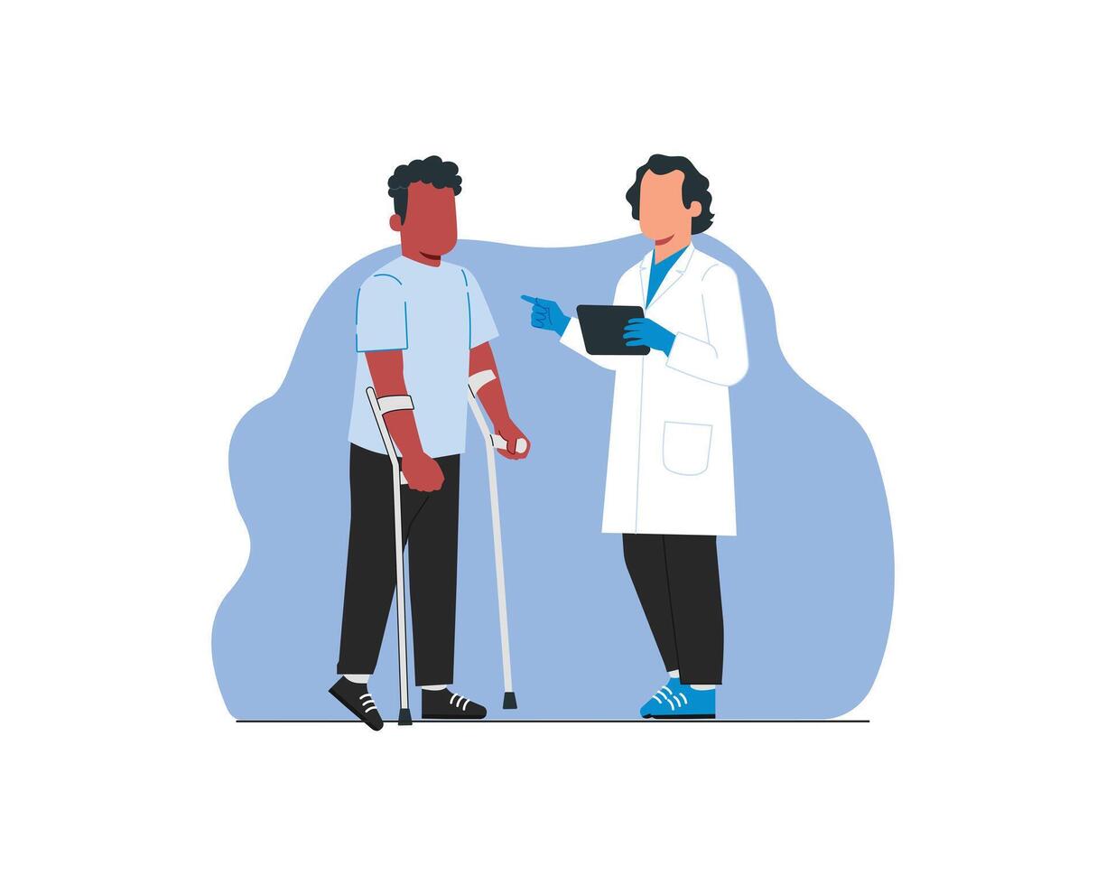 Nurse checks a male patient with crutches. Flat vector illustration.