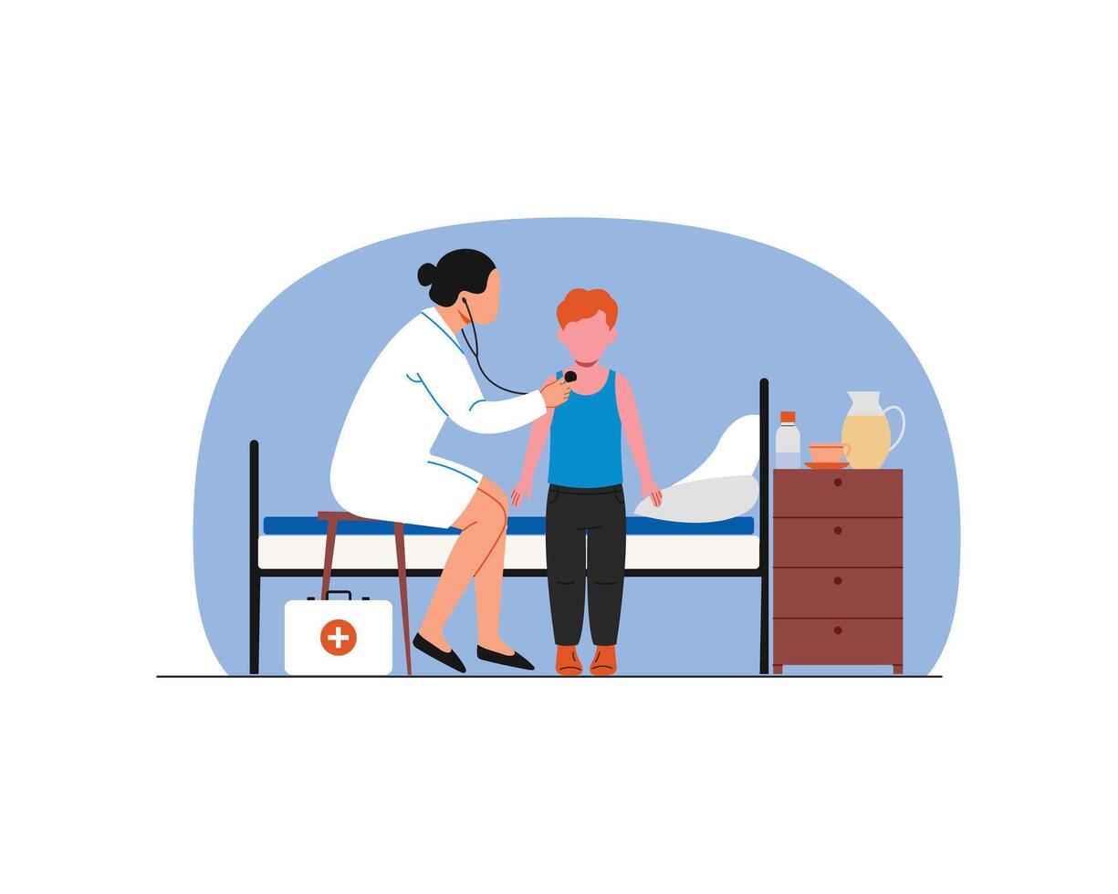 Doctor with stethoscope examines patient in hospital bed. Vector illustration in flat style for health care and medical theme.