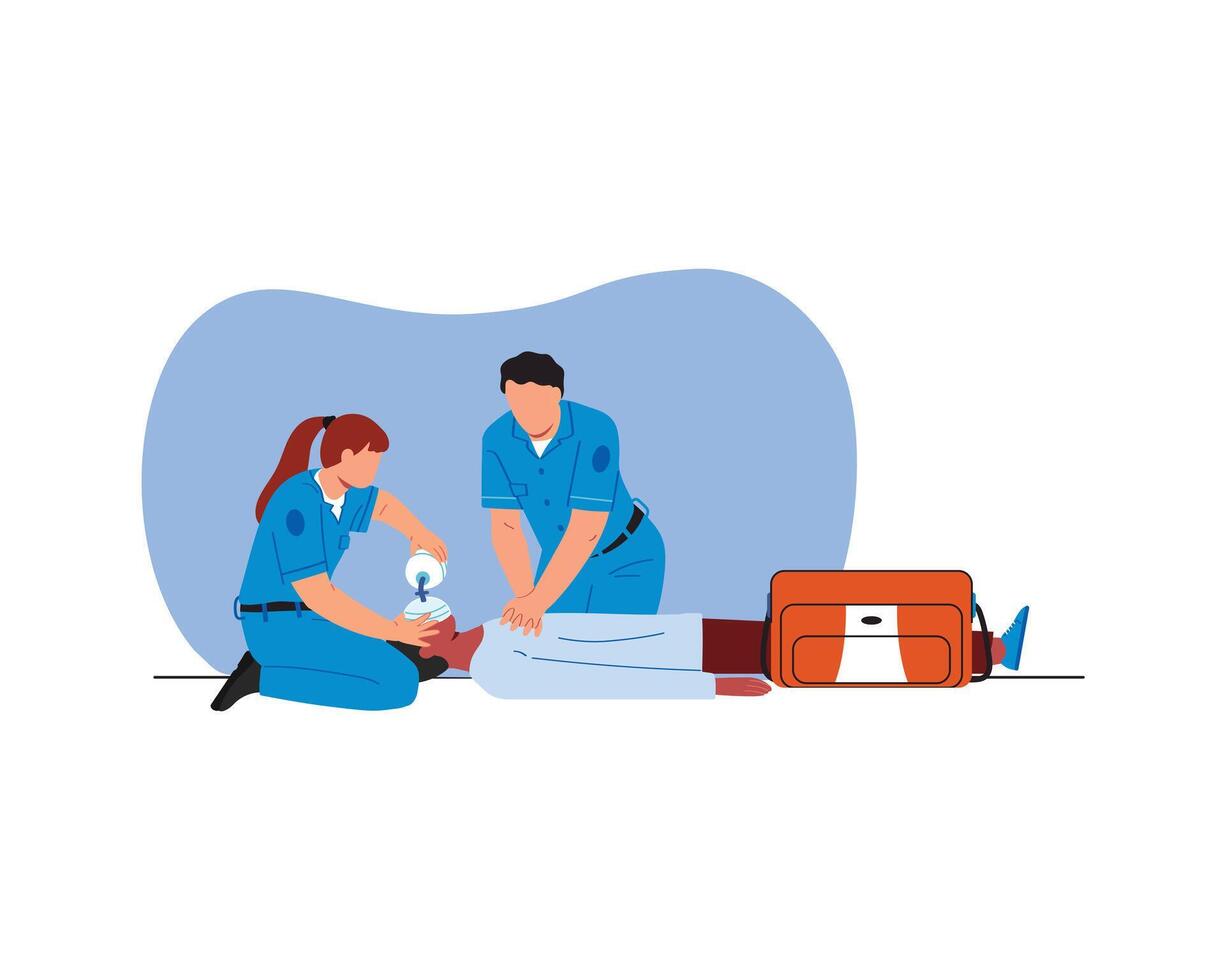 un Pareja de médico profesional trabajadores con suministros Ayudar un paciente con emergencia condición. vector ilustración diseño vector ilustración diseño.