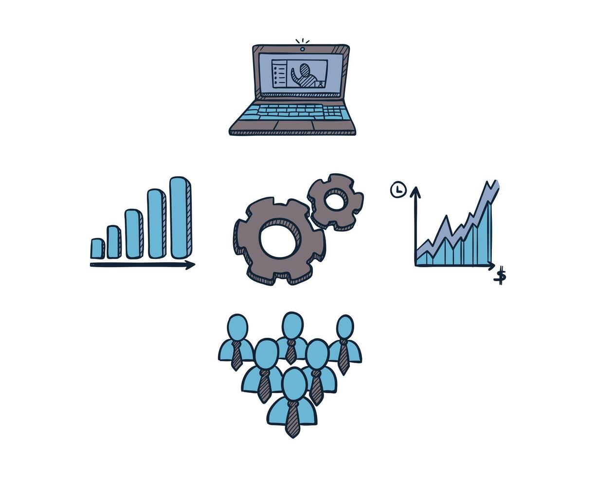 Hand drawn gear, Monitor, Chart and People icons. Business and finance design element concept. vector