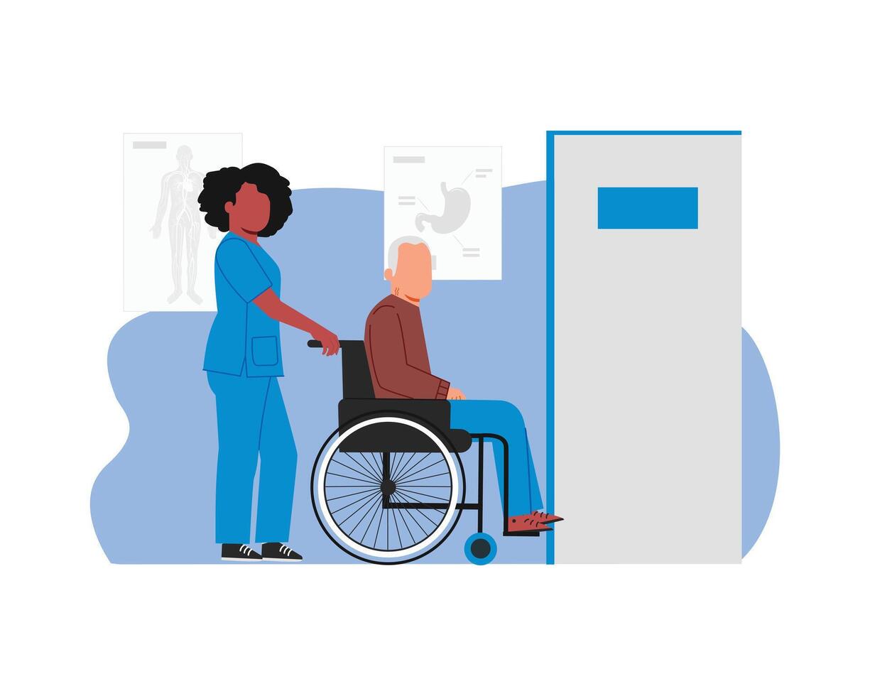 an illustration of a nurse helping an elderly man in a wheelchair vector