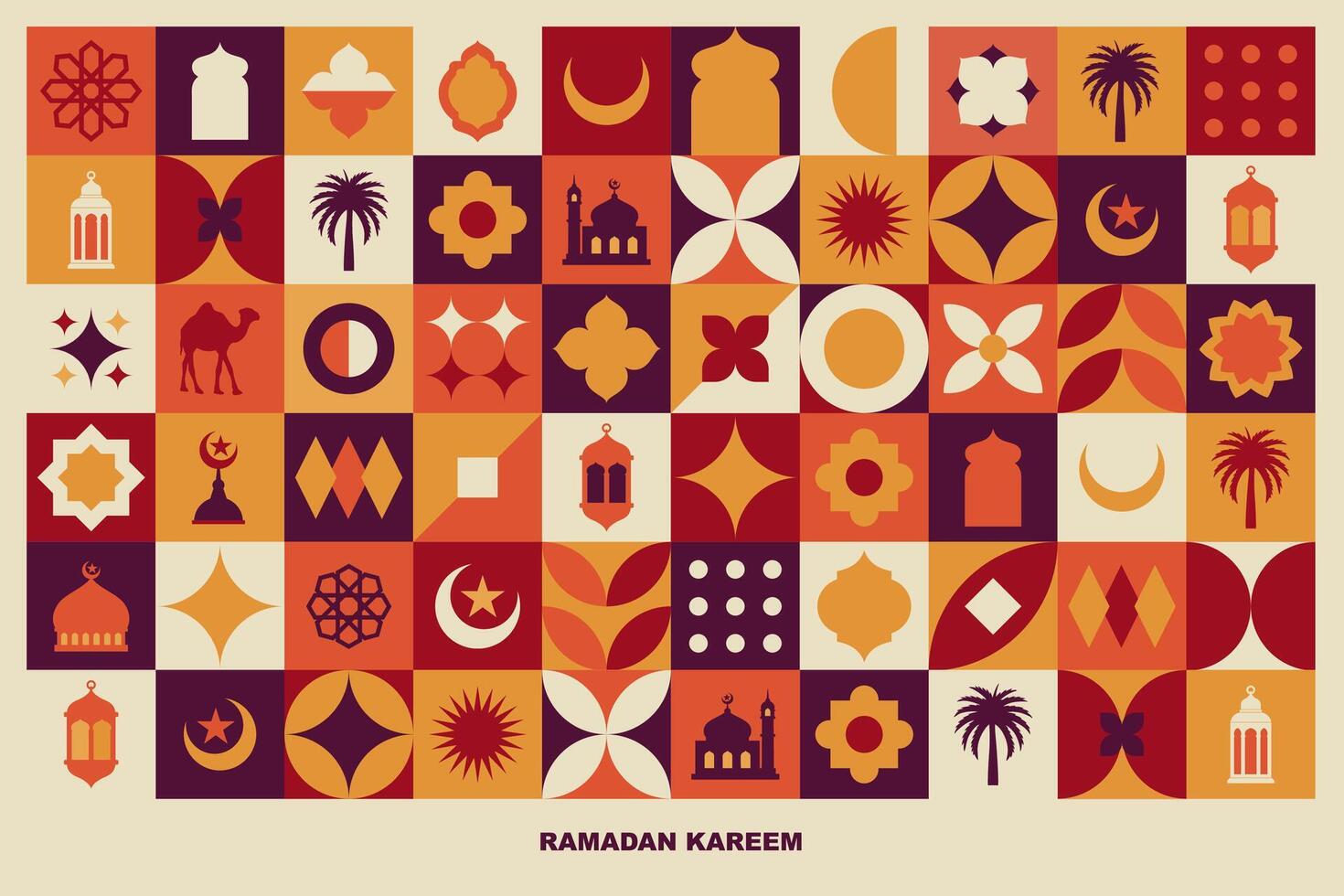 Geometric style colorful Islamic Ramadan Kareem banner, poster design, pattern and geometrical background. Mosque, moon, dome and lanterns. Minimalistic illustrations vector