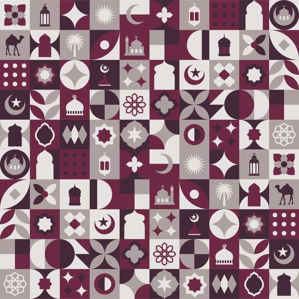 Geometric style colorful Islamic Ramadan Kareem banner, poster design, pattern and geometrical background. Mosque, moon, dome and lanterns. Minimalistic illustrations vector