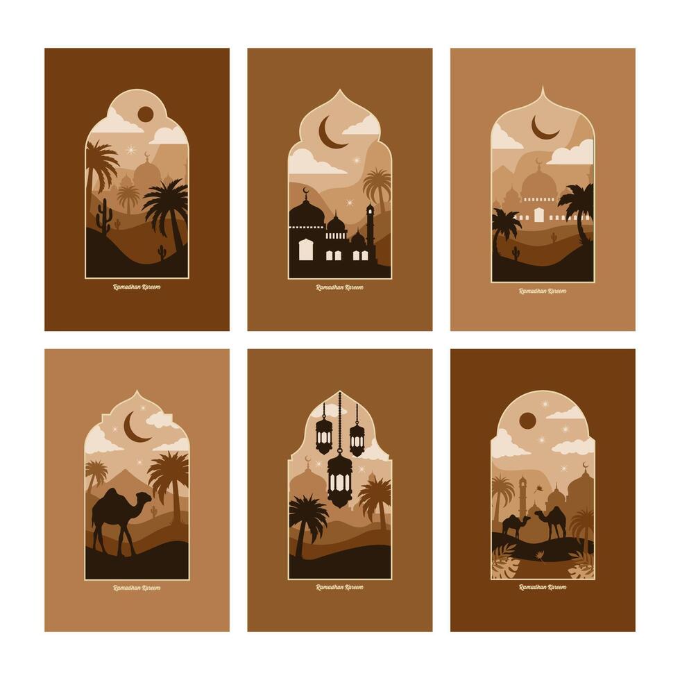 colección de oriental estilo islámico ventanas y arcos con moderno boho diseño, luna, mezquita Hazme y linternas vector