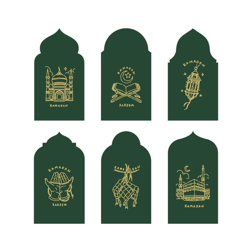 Collection of oriental style Islamic windows and arches with modern boho design, moon, mosque dome and lanterns vector