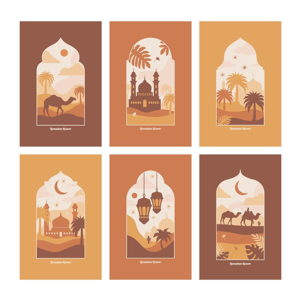 Collection of oriental style Islamic windows and arches with modern boho design, moon, mosque dome and lanterns vector