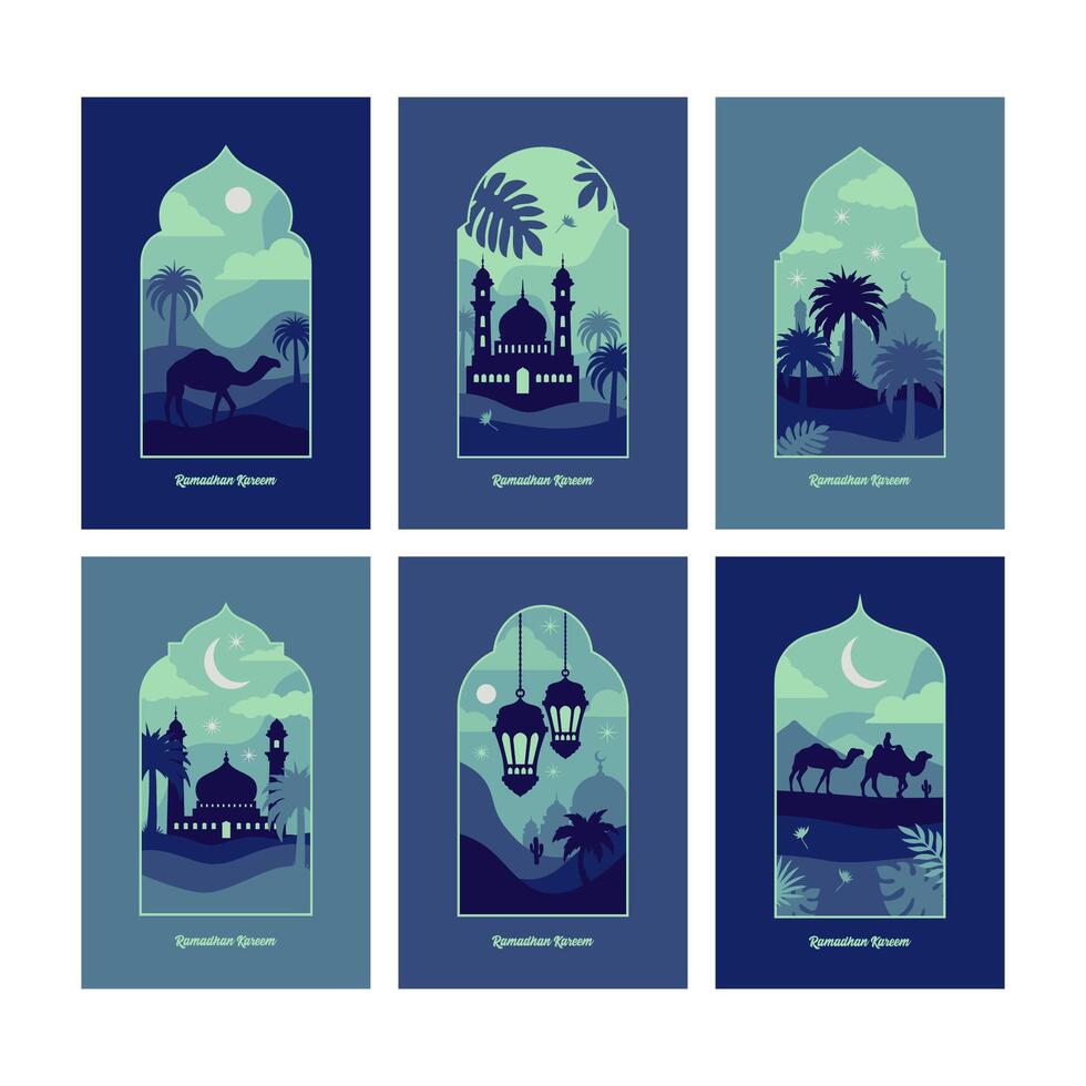 colección de oriental estilo islámico ventanas y arcos con moderno boho diseño, luna, mezquita Hazme y linternas vector