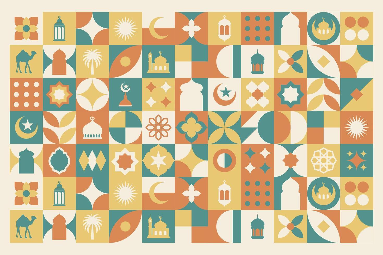 Geometric style colorful Islamic Ramadan Kareem banner, poster design, pattern and geometrical background. Mosque, moon, dome and lanterns. Minimalistic illustrations vector