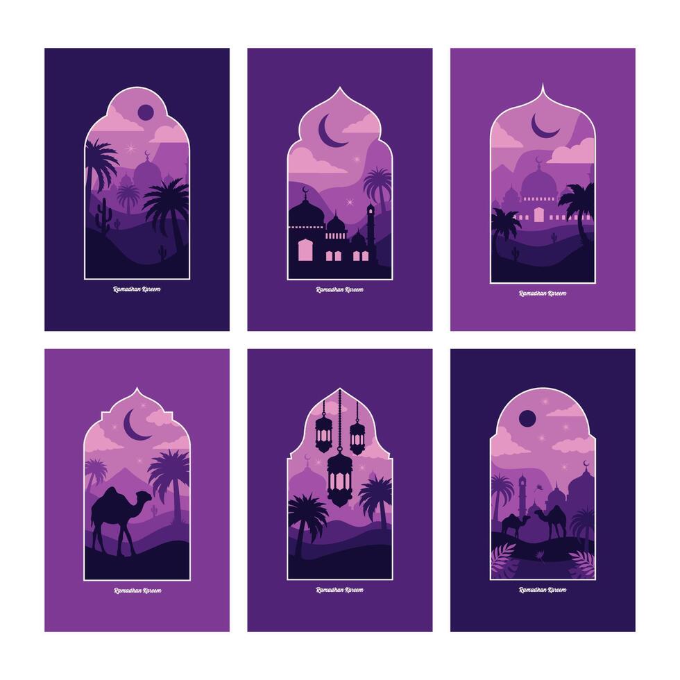 Collection of oriental style Islamic windows and arches with modern boho design, moon, mosque dome and lanterns vector