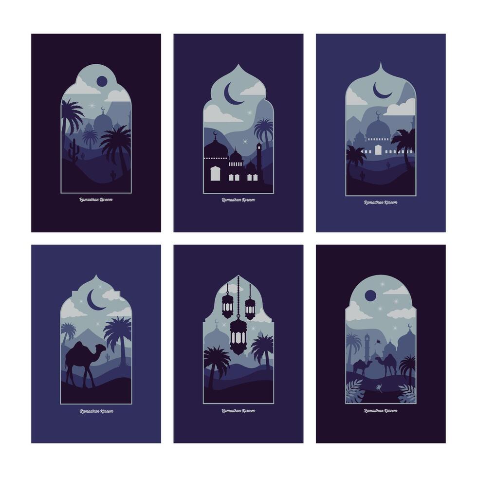 Collection of oriental style Islamic windows and arches with modern boho design, moon, mosque dome and lanterns vector