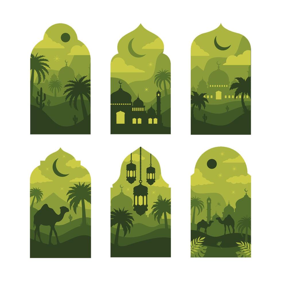 Collection of oriental style Islamic windows and arches with modern boho design, moon, mosque dome and lanterns vector