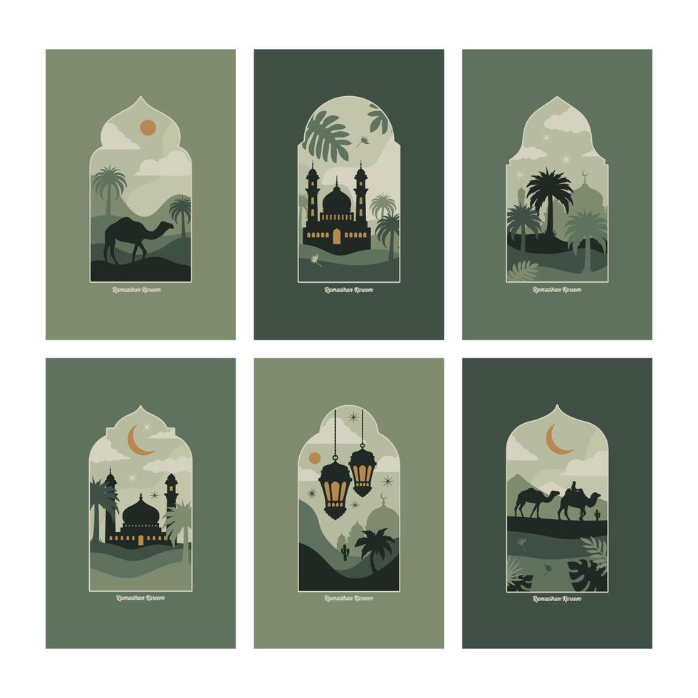 Collection of oriental style Islamic windows and arches with modern boho design, moon, mosque dome and lanterns vector