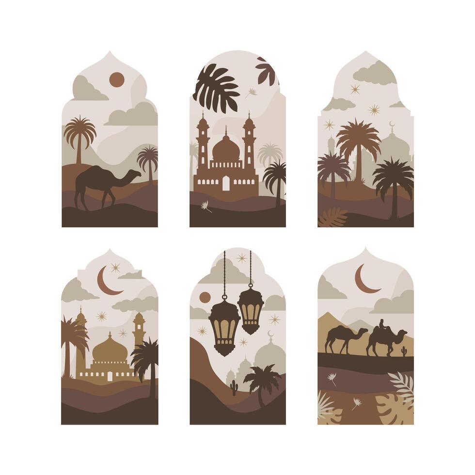 colección de oriental estilo islámico ventanas y arcos con moderno boho diseño, luna, mezquita Hazme y linternas vector