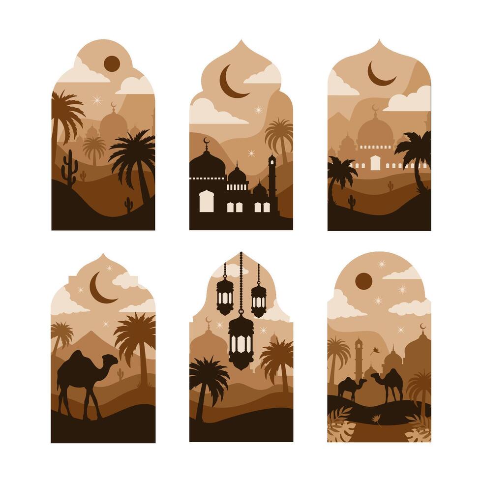 Collection of oriental style Islamic windows and arches with modern boho design, moon, mosque dome and lanterns vector