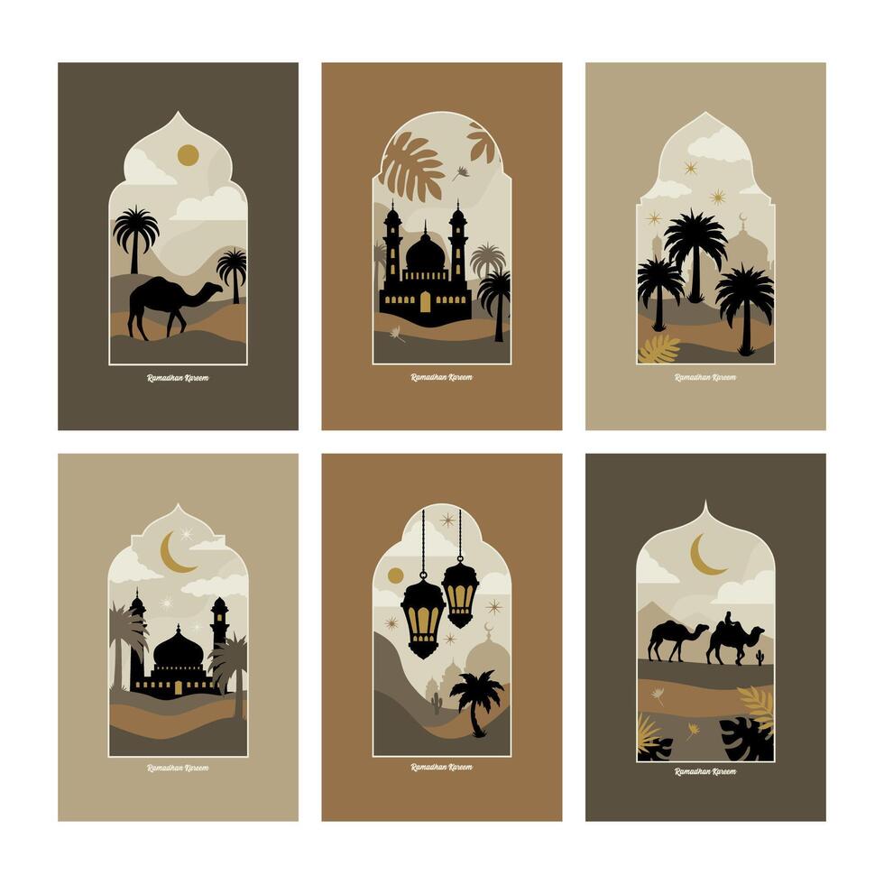 colección de oriental estilo islámico ventanas y arcos con moderno boho diseño, luna, mezquita Hazme y linternas vector