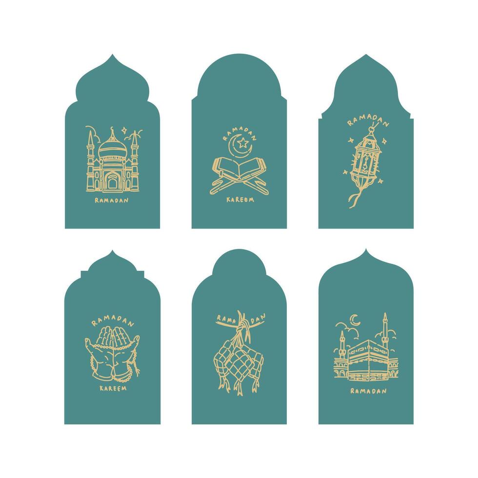Collection of oriental style Islamic windows and arches with modern boho design, moon, mosque dome and lanterns vector