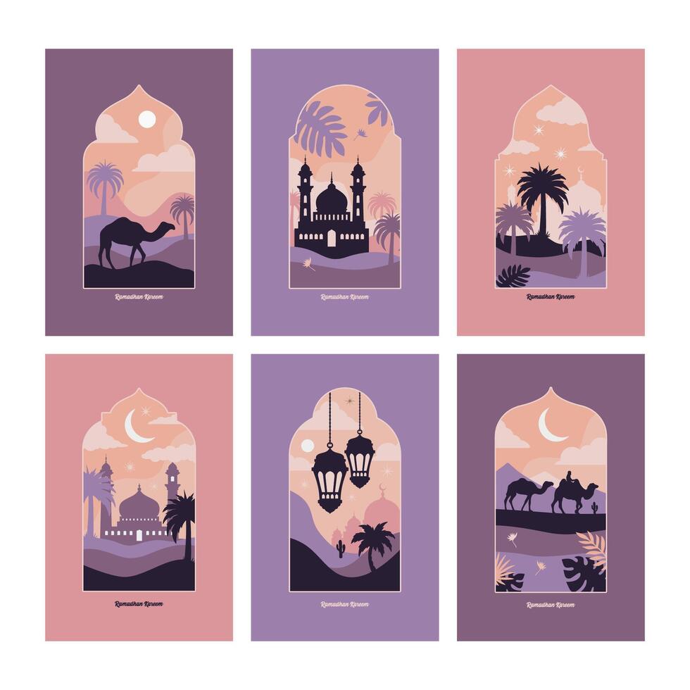 Collection of oriental style Islamic windows and arches with modern boho design, moon, mosque dome and lanterns vector