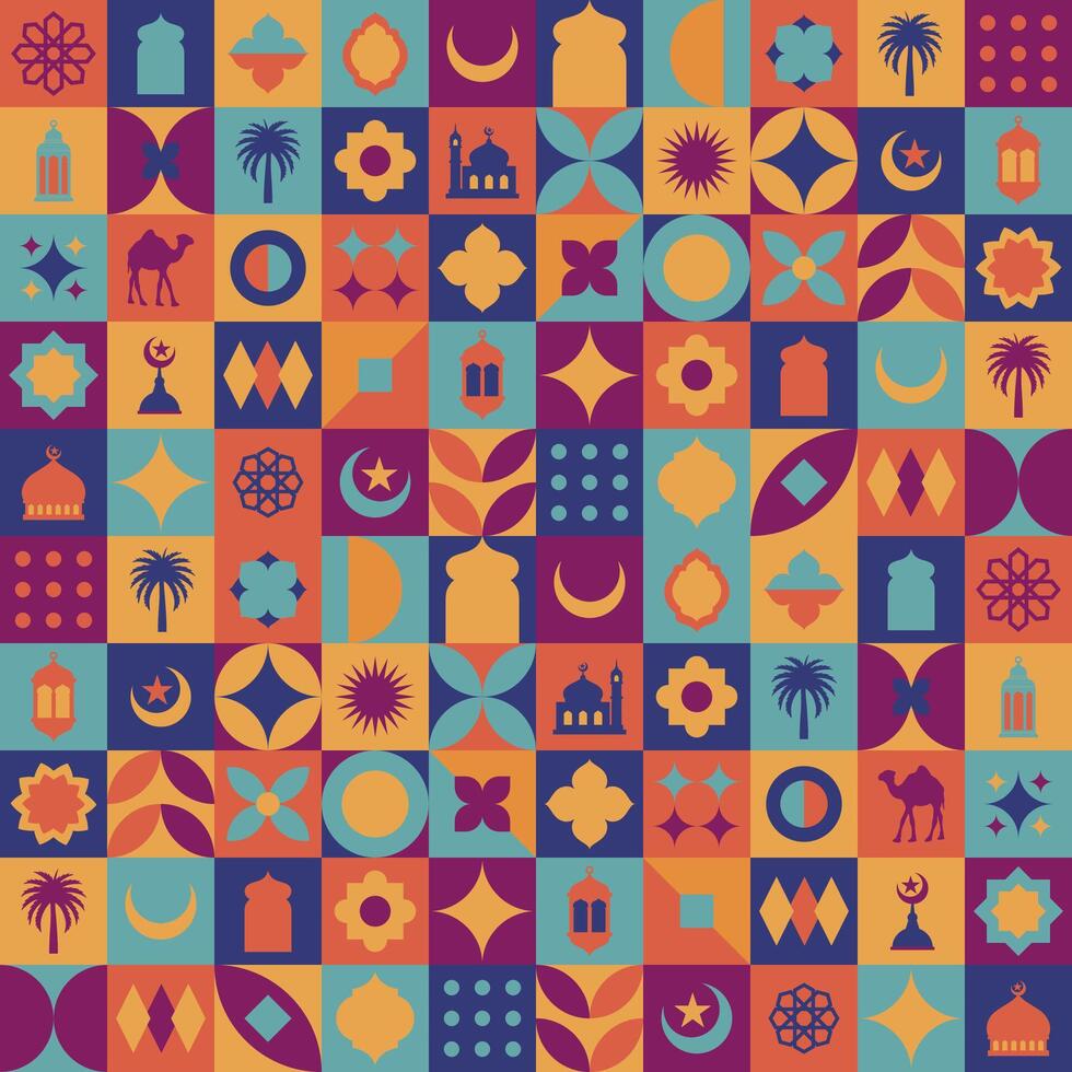 Geometric style colorful Islamic Ramadan Kareem banner, poster design, pattern and geometrical background. Mosque, moon, dome and lanterns. Minimalistic illustrations vector