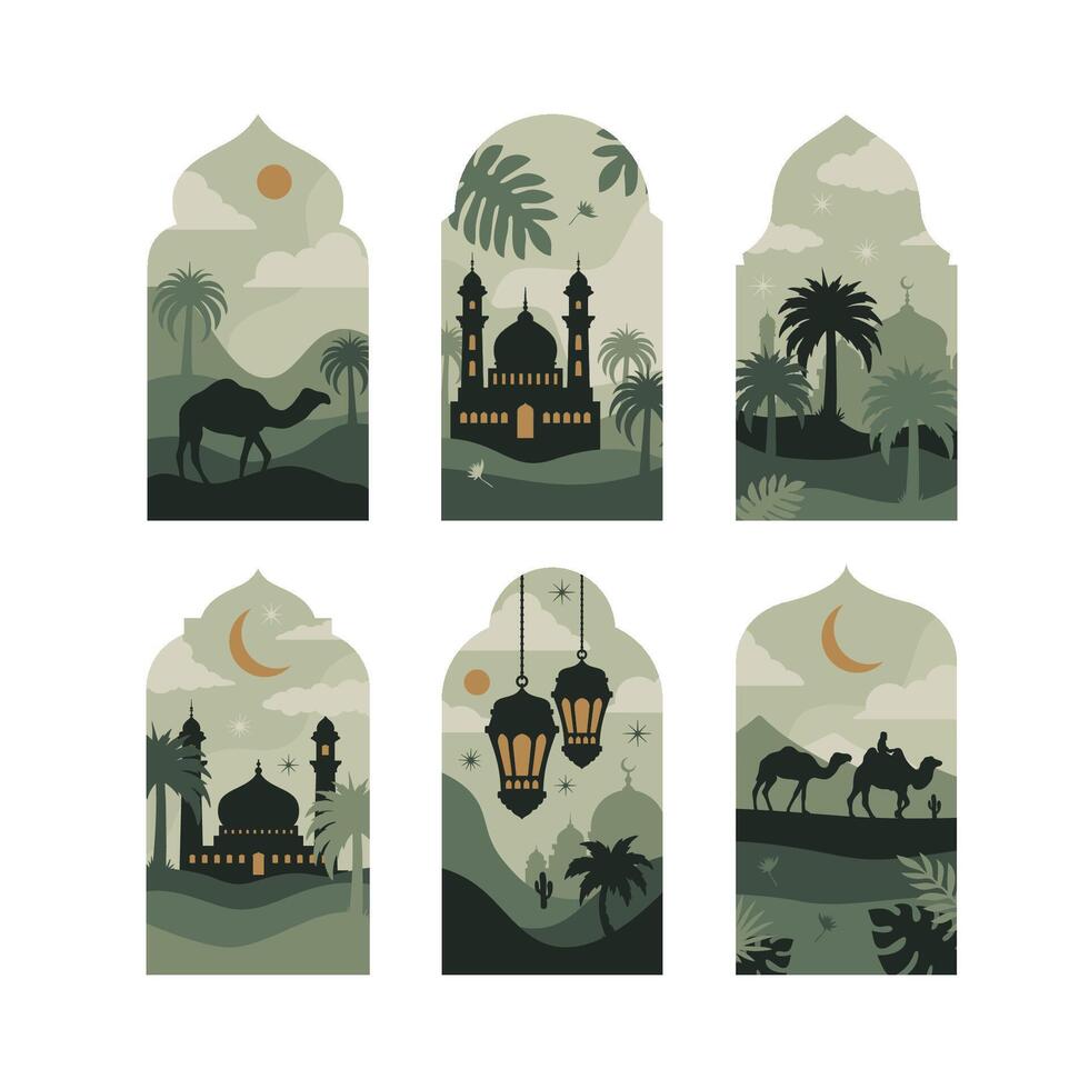 colección de oriental estilo islámico ventanas y arcos con moderno boho diseño, luna, mezquita Hazme y linternas vector