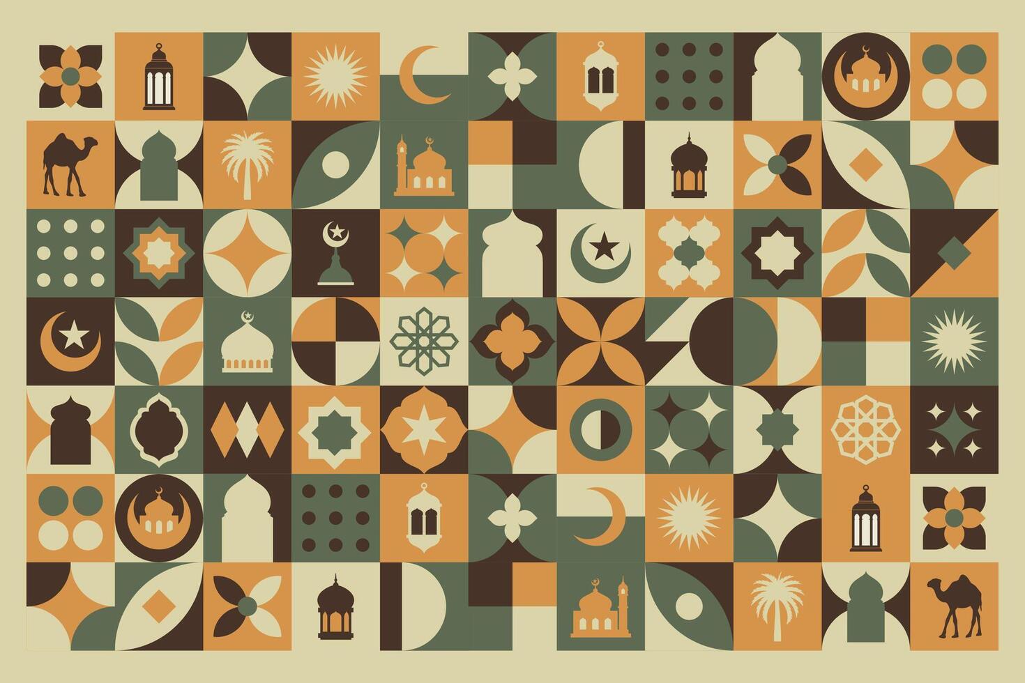 Geometric style colorful Islamic Ramadan Kareem banner, poster design, pattern and geometrical background. Mosque, moon, dome and lanterns. Minimalistic illustrations vector