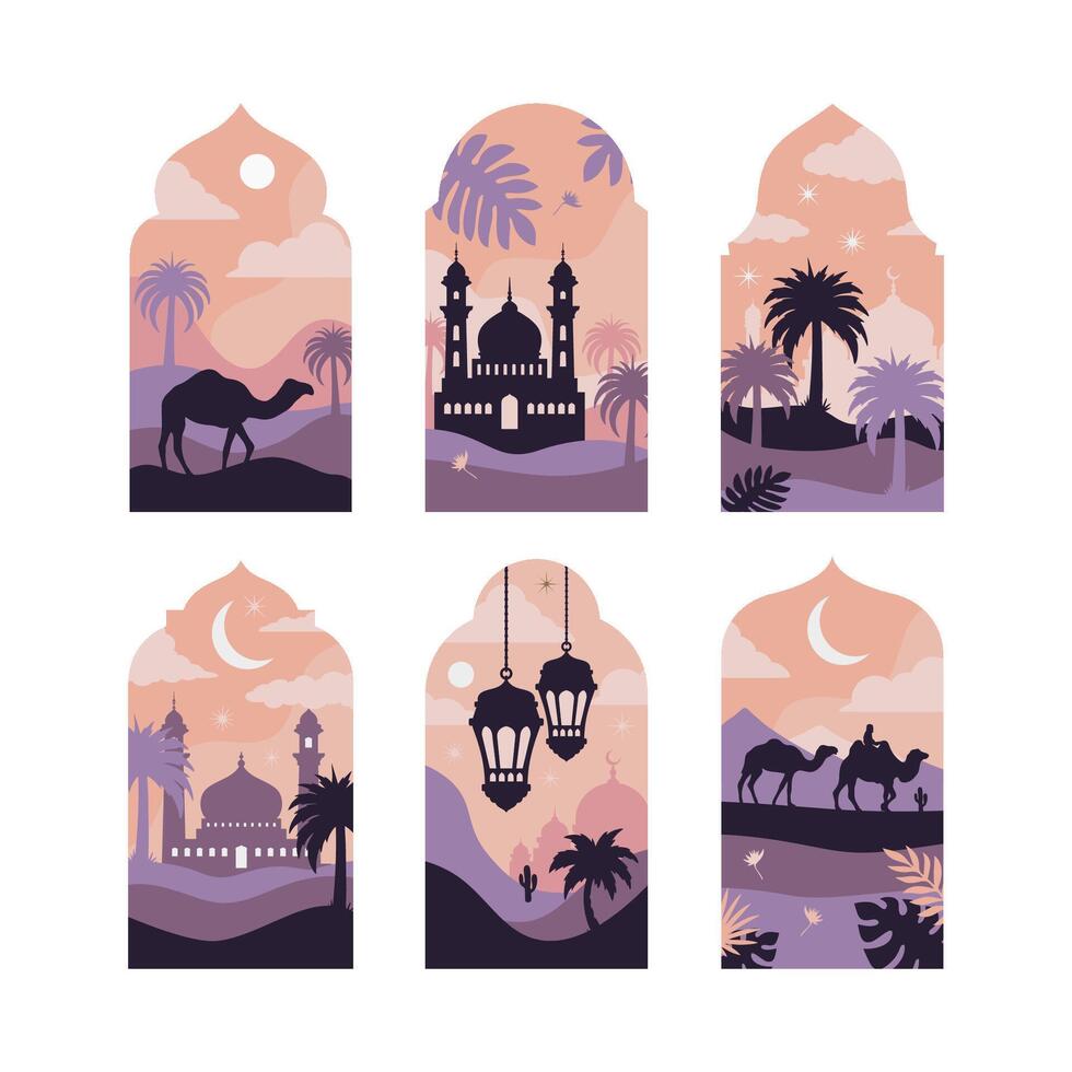 Collection of oriental style Islamic windows and arches with modern boho design, moon, mosque dome and lanterns vector