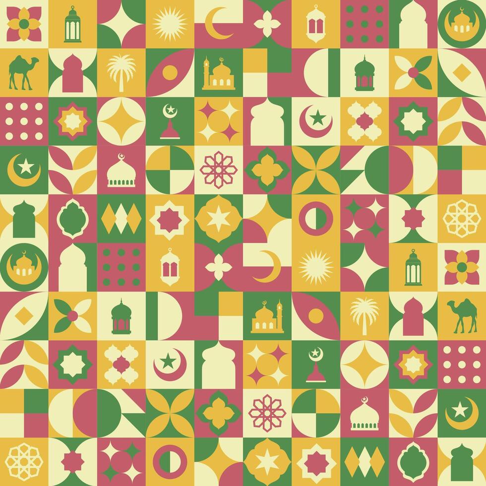 Geometric style colorful Islamic Ramadan Kareem banner, poster design, pattern and geometrical background. Mosque, moon, dome and lanterns. Minimalistic illustrations vector