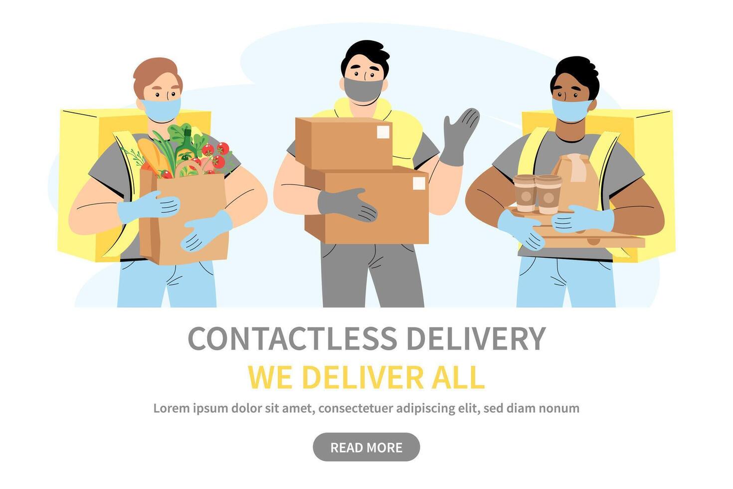 Couriers in medical mask. Safe contactless delivery service concept, delivery home. Coronavirus quarantine shop or store food or medical supplies express fast delivery service. Vector illustration