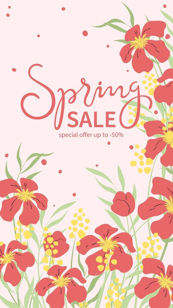 Trendy template spring sale for social networks stories with flowers and lettering. Suitable for marketing promotions, stories, post and web internet ads. Vector illustration.