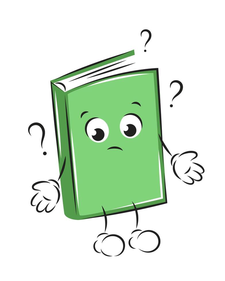 Cute book character with question marks. Knowledge and education concept. Vector illustration for children design or school.
