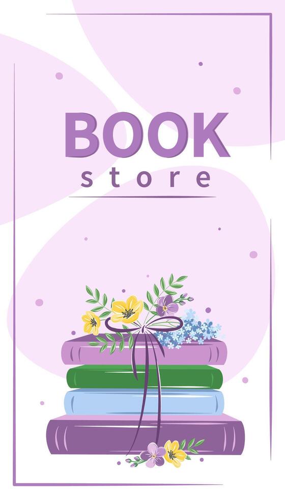 Layout design for bookstore, bookshop or library. Books with spring flowers. Vector illustration