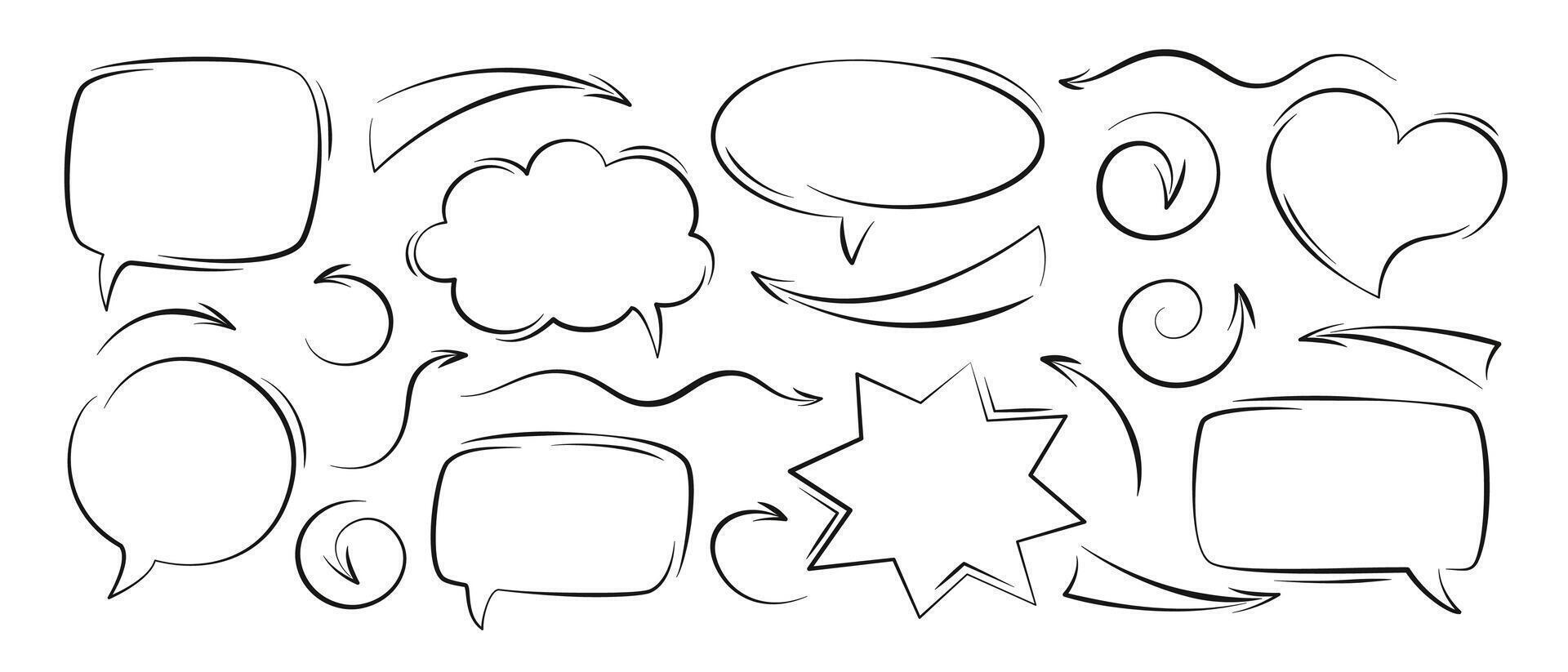 Set of hand drawn vector arrows and speech bubbles different shapes. Vector illustration