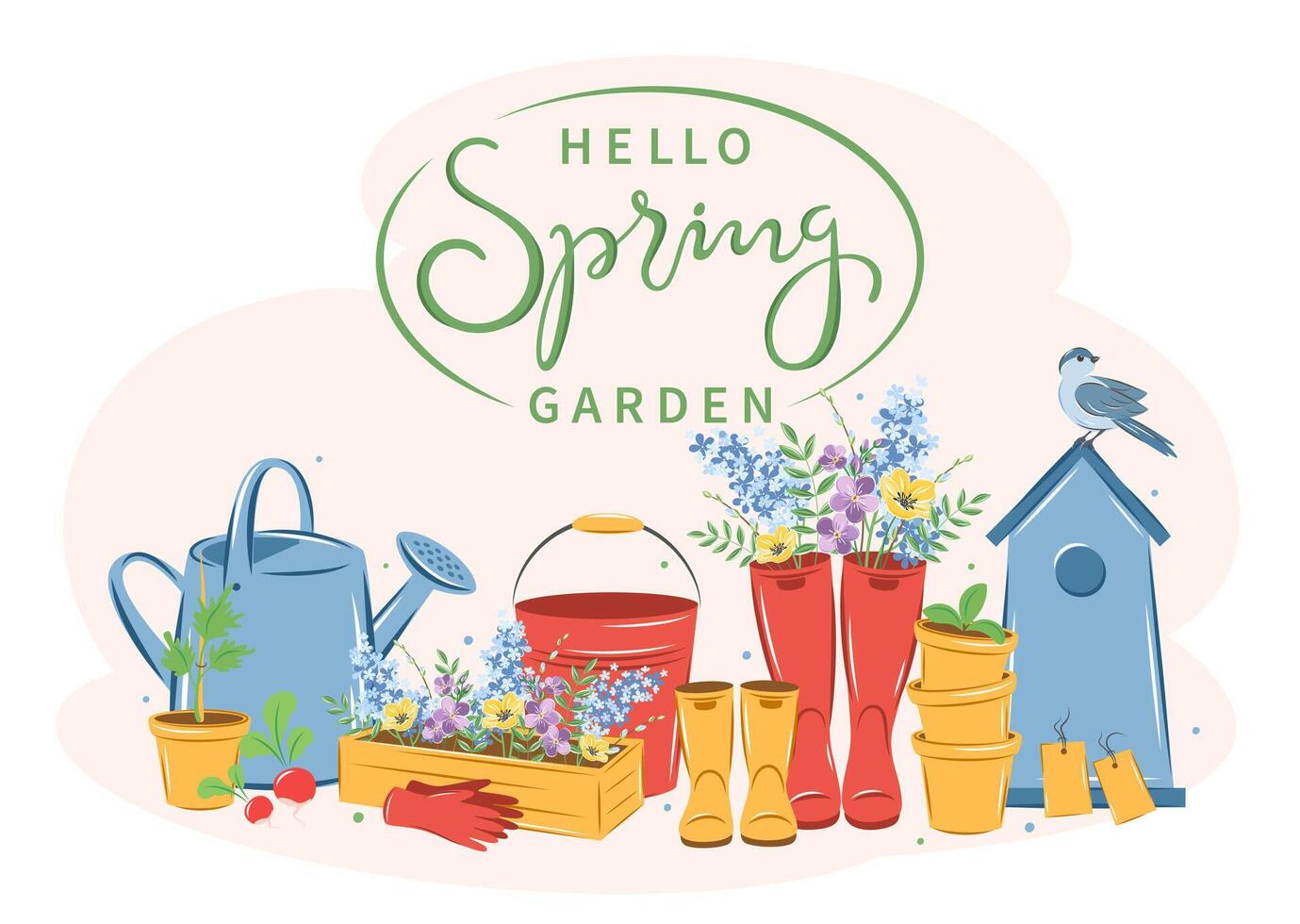 Gardening, growing plants, agricultural tools. Hello spring garden.  Vector illustration.