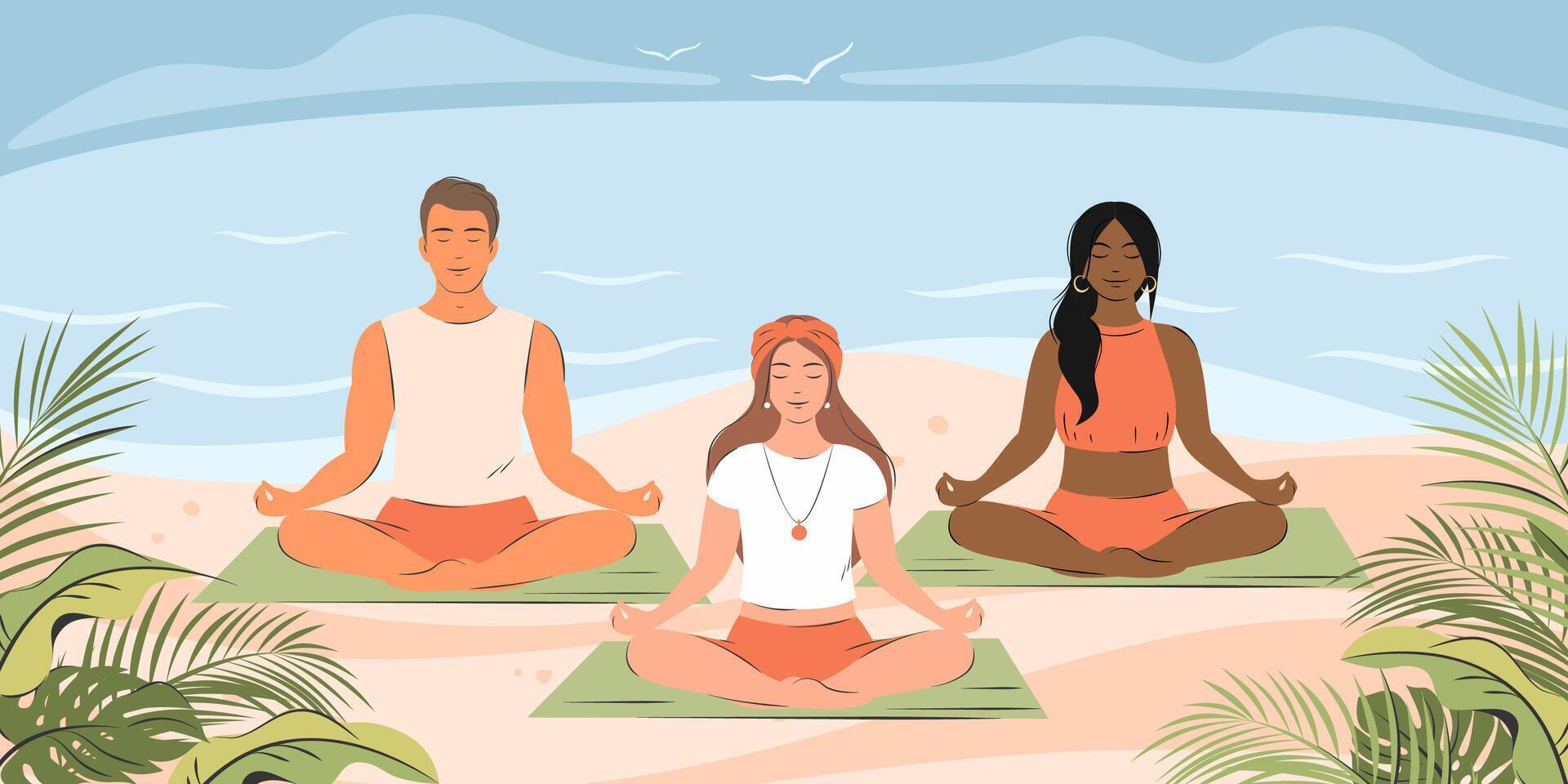 Different People practicing yoga together and meditating on sandy beach. Healthy lifestyle, active recreation outdoors, open air workout, physical exercising, yoga class. Flat vector illustration