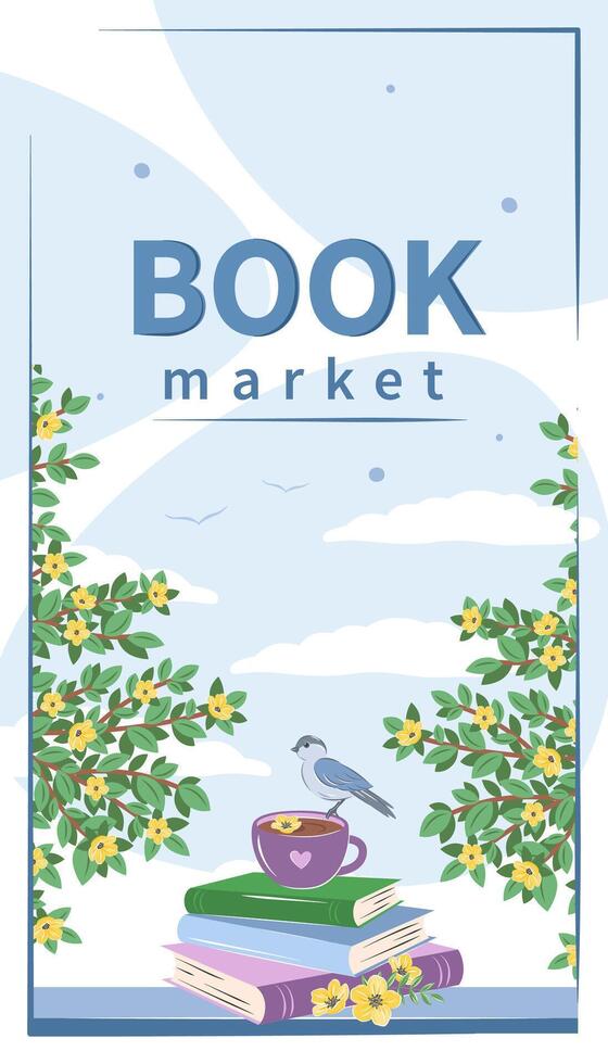 Book market. Layout design for bookstore, library, bookshop or education. Vector illustration
