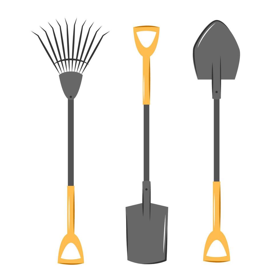 Garden and farm tools set rakes and shovels. Vector illustration Isolated on a white.