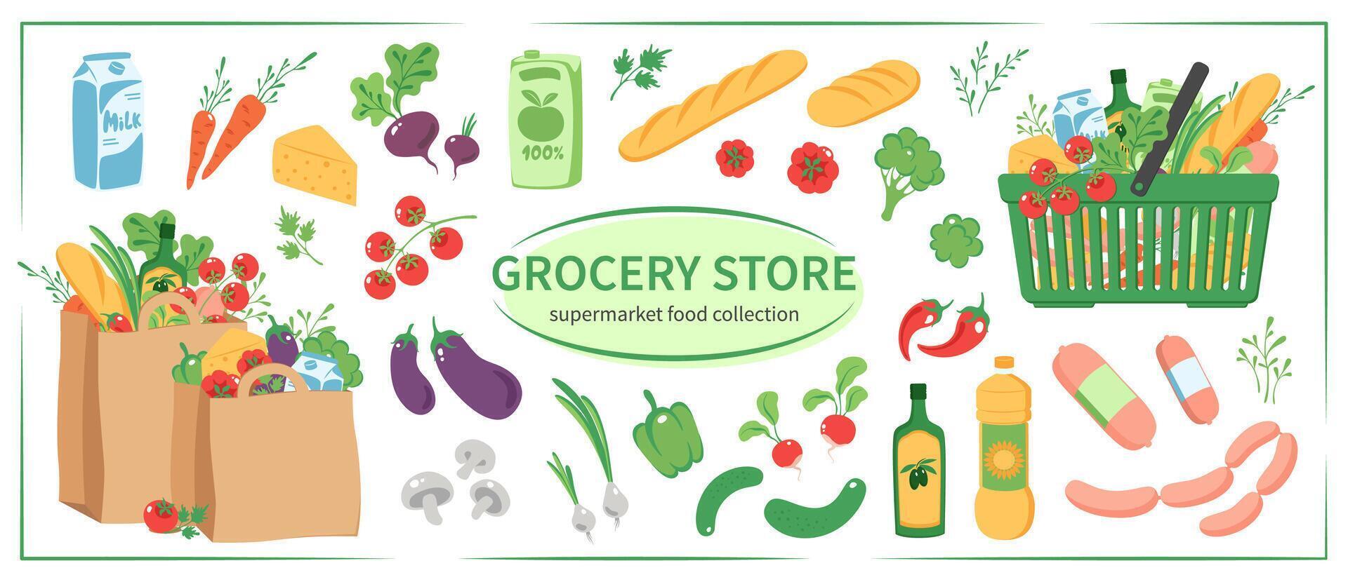 Grocery purchases set, paper  bags with products, food basket. Grocery store. Supermarket food collection. Vector Illustration