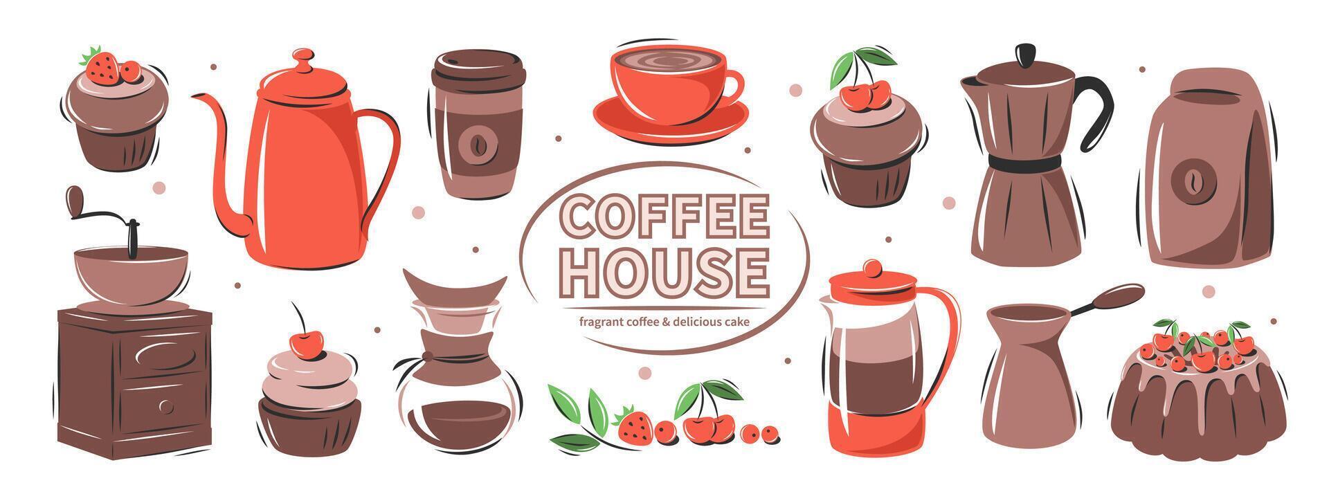 Set of coffee elements. Coffee maker, French press, pot, coffee maker, coffee grinder, cup, cake. Collection vector illustrations for cafe menu and restaurant, card, sticker kit.