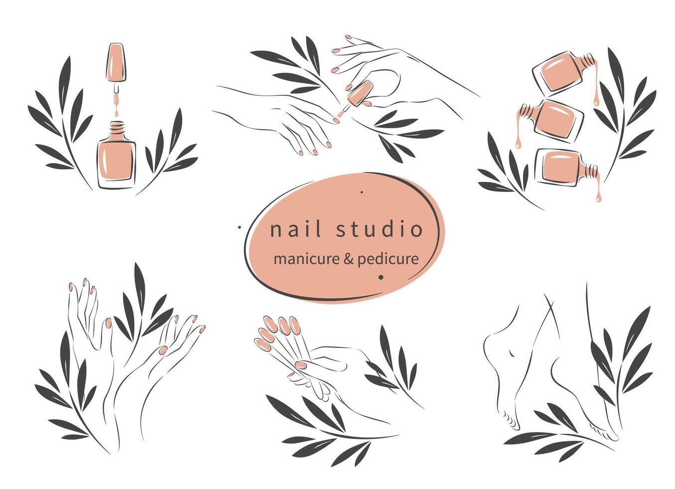 Set of elements for nail studio. Nail polish, nail brush, manicured female hands and legs. Vector illustrations