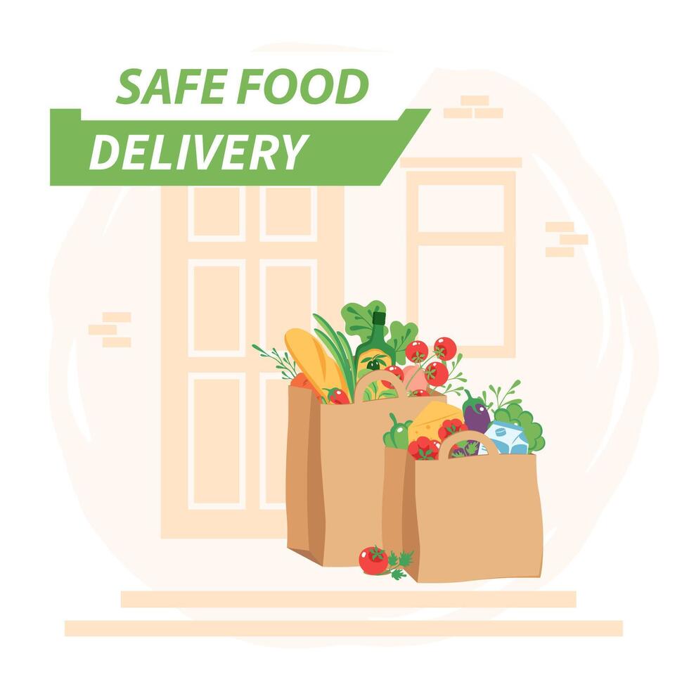Safe contactless online delivery to home during quarantine. Groceries in bag left at front door. Flat vector illustration.